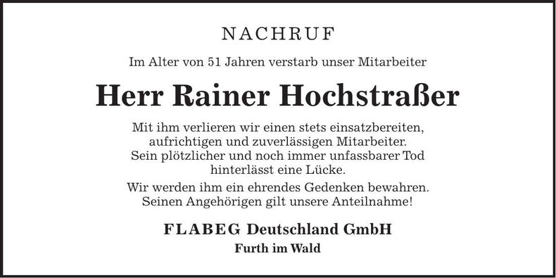 Traueranzeige Rainer Hochstraßer