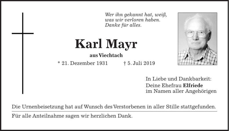 Traueranzeige Karl Mayr