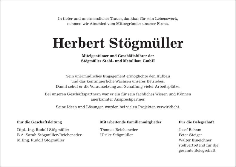 Traueranzeige Herbert Stögmüller