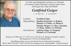 Traueranzeige Gottfried Geiger