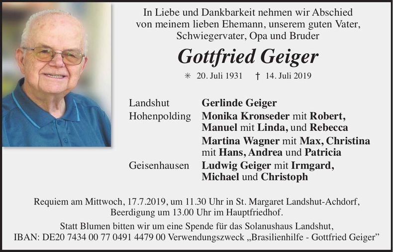 Traueranzeige Gottfried Geiger