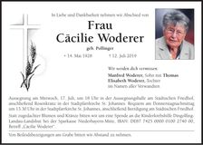 Traueranzeige Cäcilie Woderer