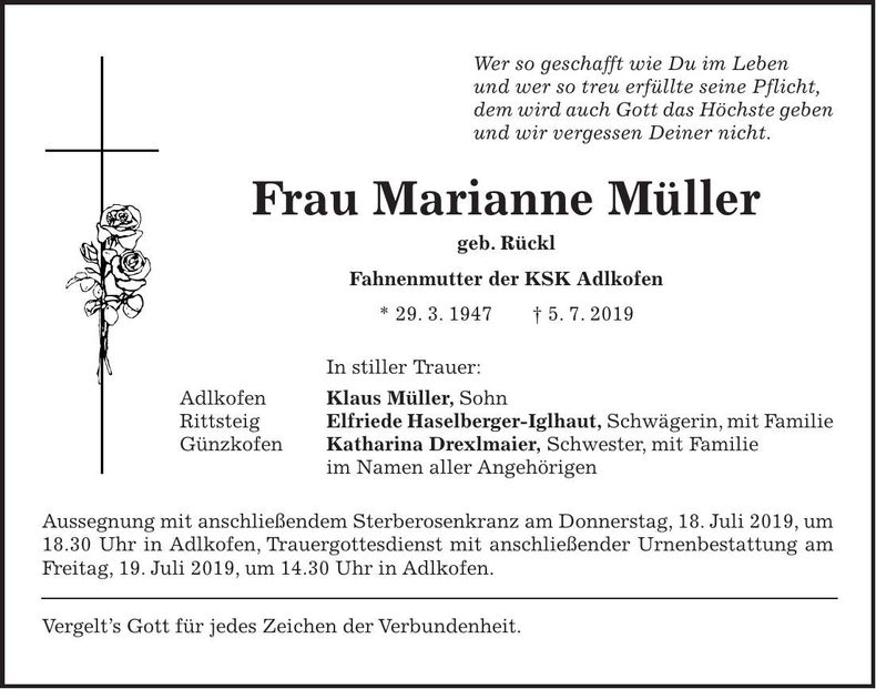 Traueranzeige Marianne Müller