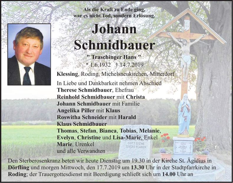 Traueranzeige Johann Schmidbauer