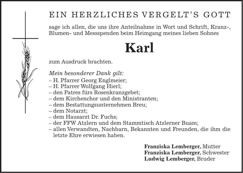 Traueranzeige Karl Lemberger