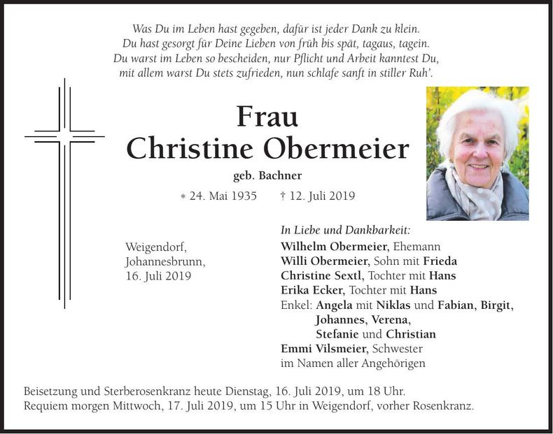 Traueranzeige Christine Obermeier
