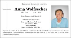 Traueranzeige Anna Wolfsecker