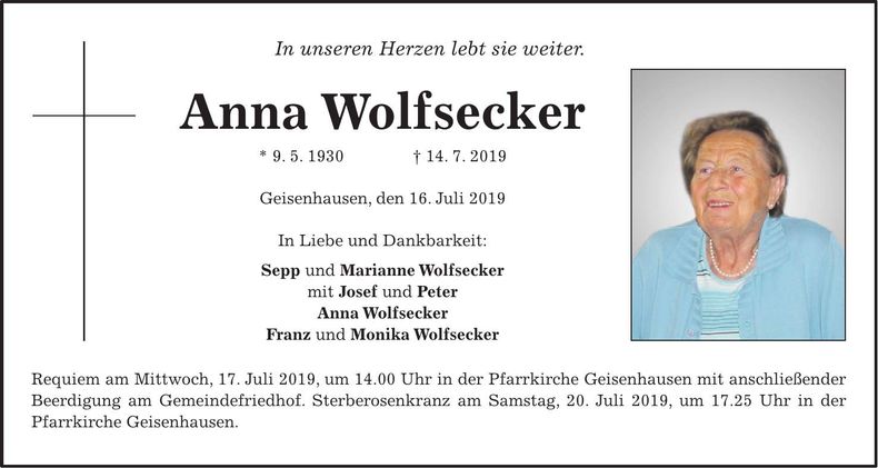 Traueranzeige Anna Wolfsecker
