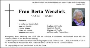 Traueranzeige Berta Wenzlick