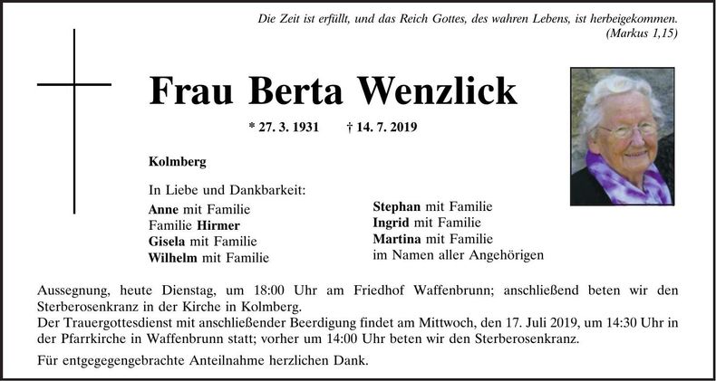 Traueranzeige Berta Wenzlick