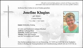 Traueranzeige Josefine Klugius