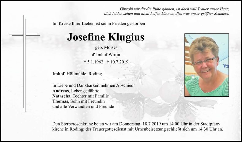 Traueranzeige Josefine Klugius