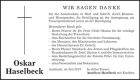 Traueranzeige Oskar Haselbeck