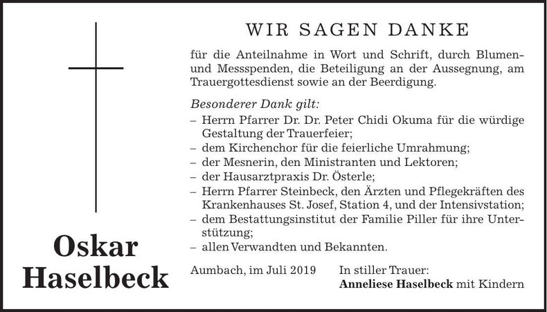 Traueranzeige Oskar Haselbeck
