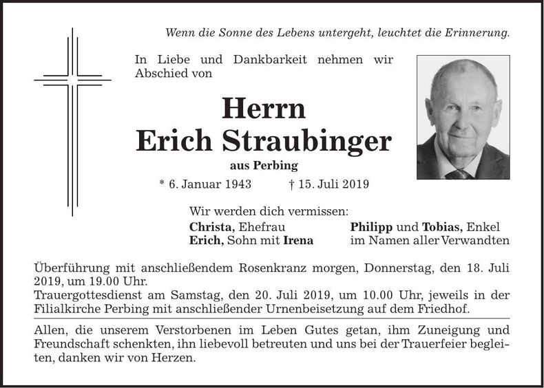 Traueranzeige Erich Straubinger
