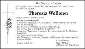 Traueranzeige Theresia Wolloner