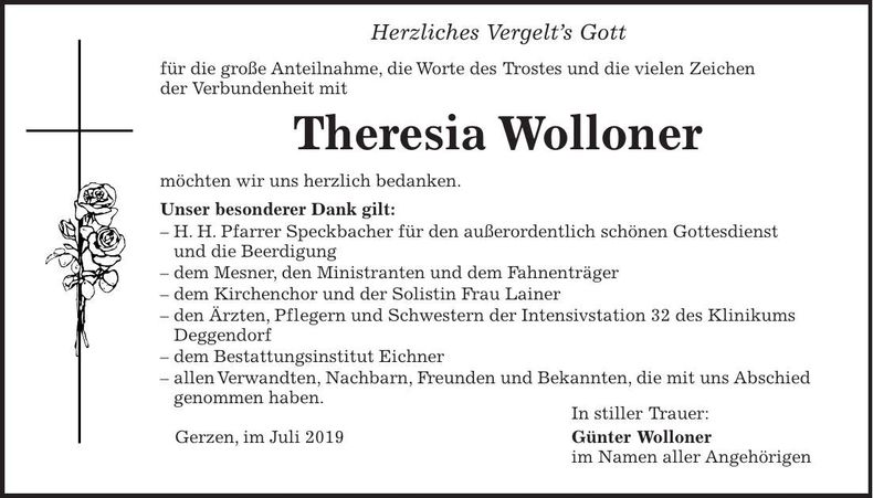Traueranzeige Theresia Wolloner