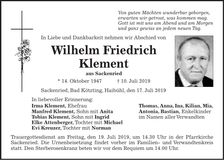 Traueranzeige Wilhelm Friedrich Klement