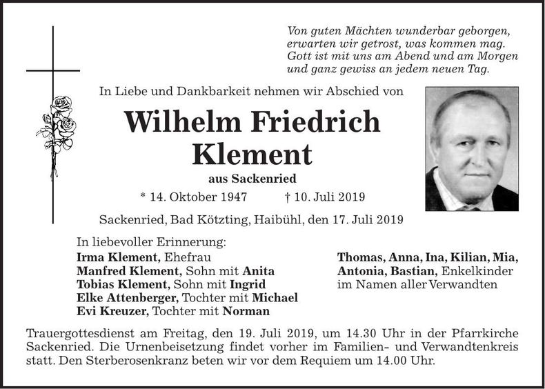Traueranzeige Wilhelm Friedrich Klement