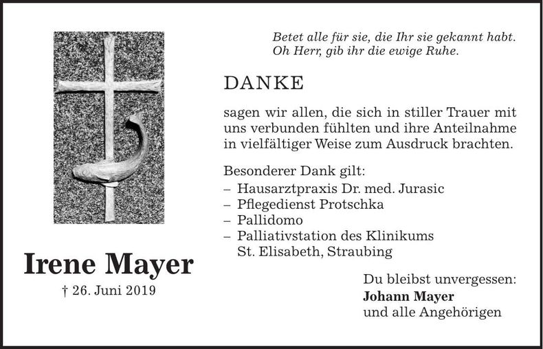 Traueranzeige Irene Mayer