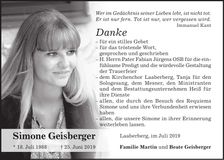Traueranzeige Simone Geisberger