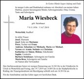 Traueranzeige Maria Wiesbeck