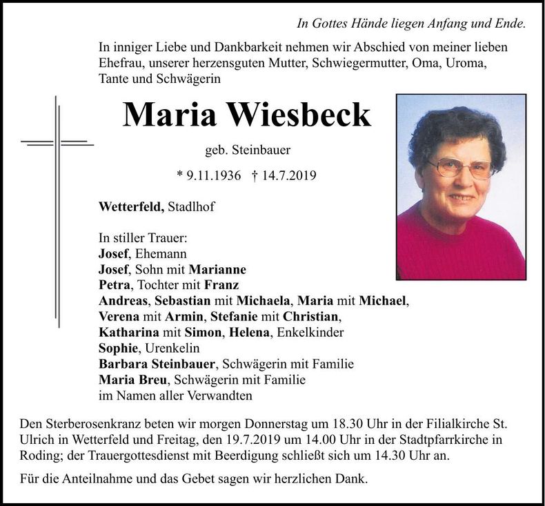 Traueranzeige Maria Wiesbeck