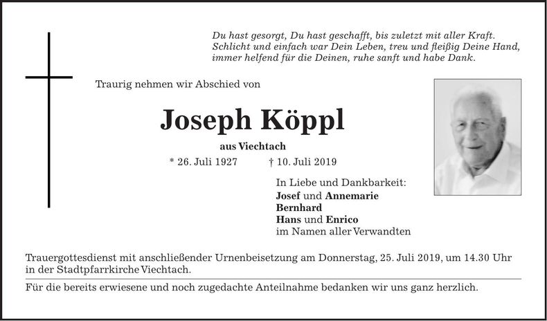 Traueranzeige Joseph Köppl