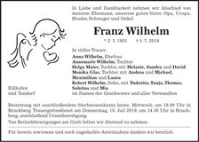 Traueranzeige Franz Wilhelm