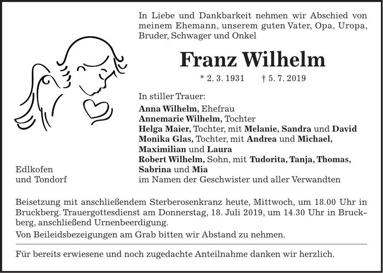 Traueranzeige Franz Wilhelm