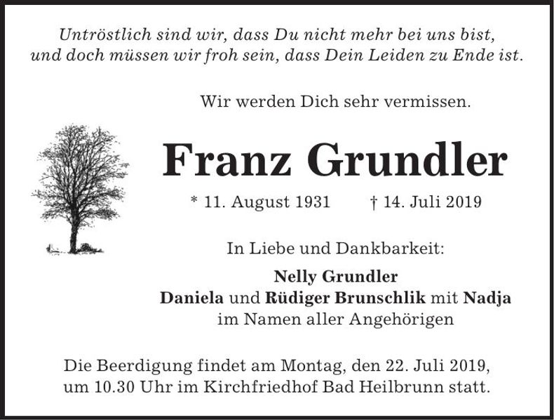 Traueranzeige Franz Grundler