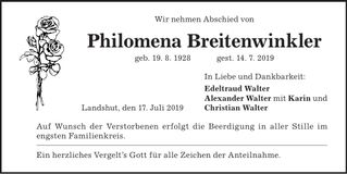 Traueranzeige Philomena Breitenwinkler