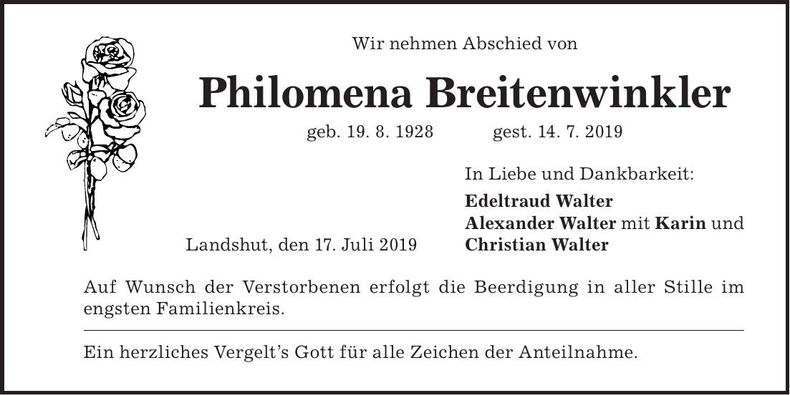 Traueranzeige Philomena Breitenwinkler