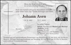 Traueranzeige Johann Asen