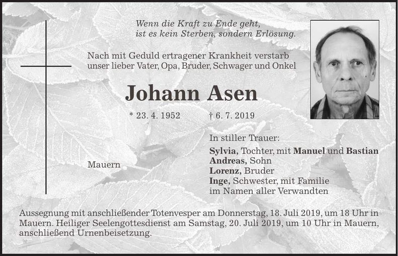 Traueranzeige Johann Asen