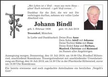 Traueranzeige Johann Bindl