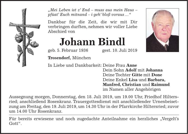 Traueranzeige Johann Bindl