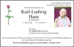 Traueranzeige Karl-Ludwig Haus