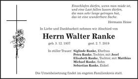 Traueranzeige Walter Ranke