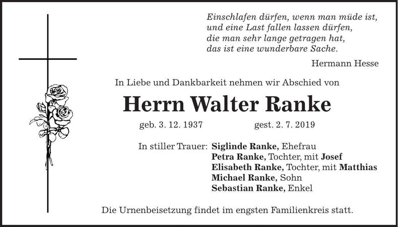 Traueranzeige Walter Ranke