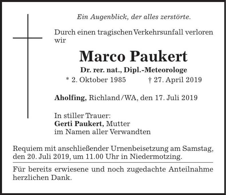 Traueranzeige Marco Paukert