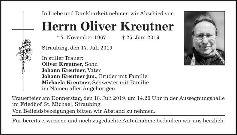 Traueranzeige Oliver Kreutner