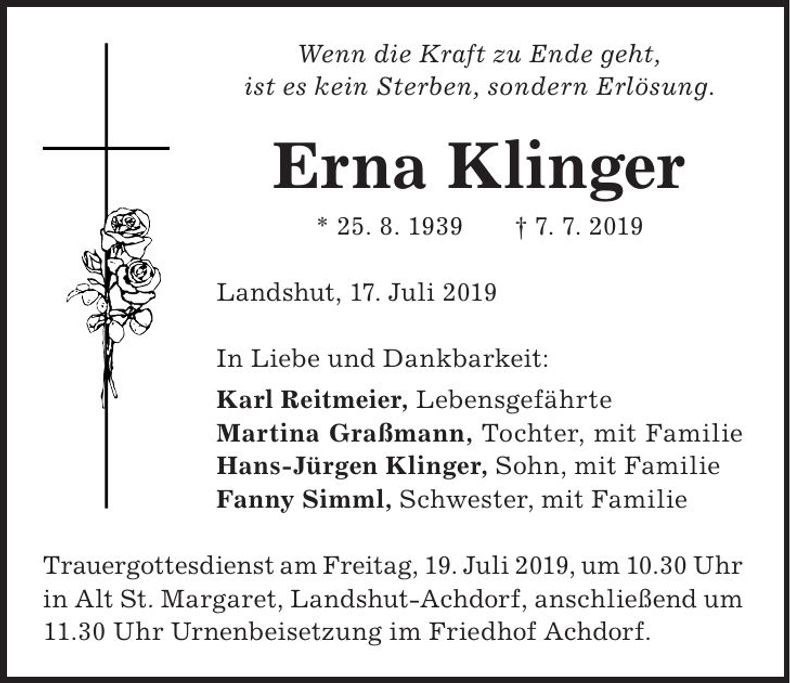 Traueranzeige Erna Klinger