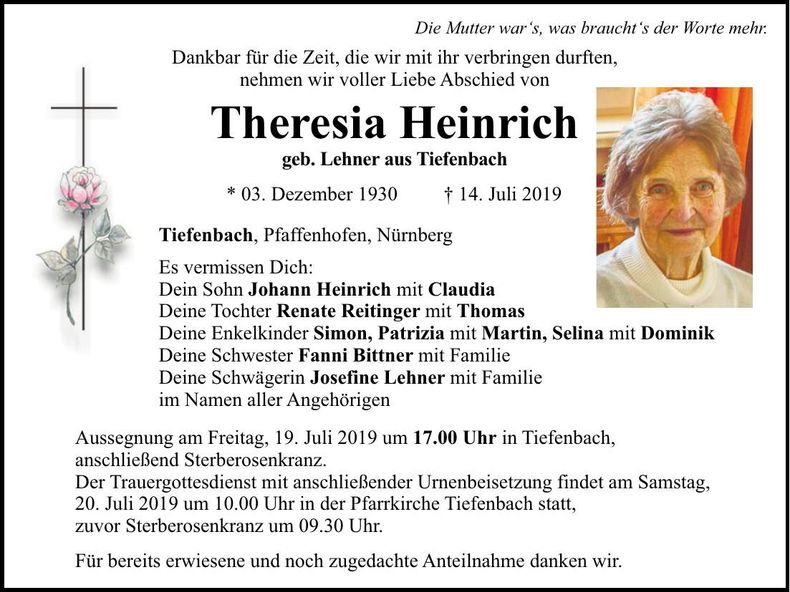 Traueranzeige Theresia Heinrich