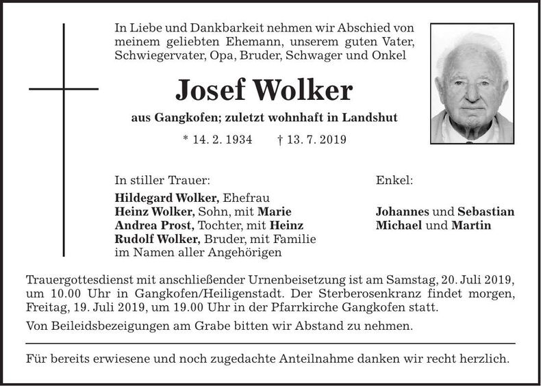 Traueranzeige Josef Wolker