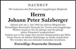 Traueranzeige Johann Peter Salzberger
