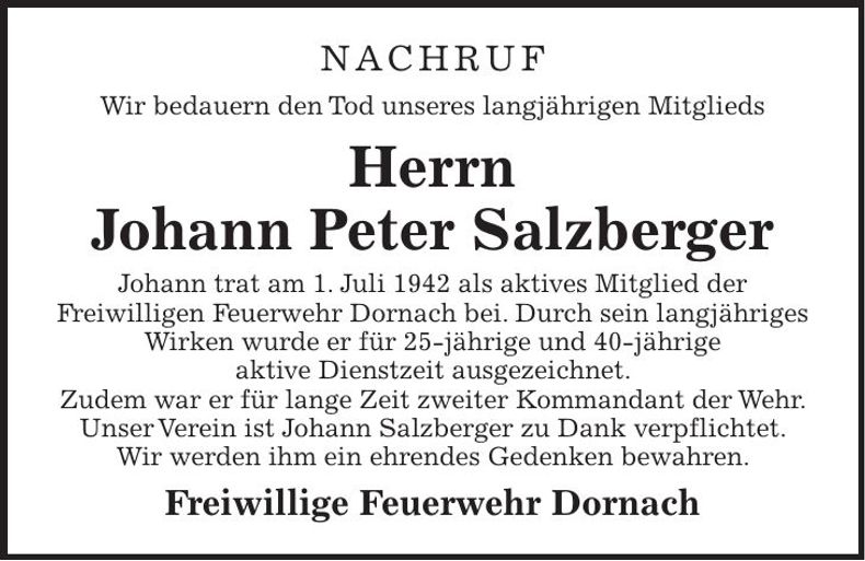 Traueranzeige Johann Peter Salzberger