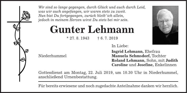 Traueranzeige Gunter Lehmann