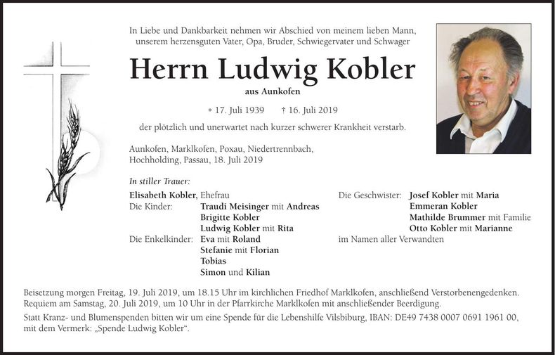 Traueranzeige Ludwig Kobler