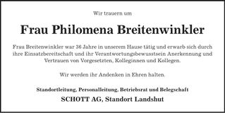 Traueranzeige Philomena Breitenwinkler